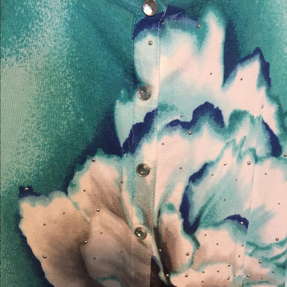 White House Black Market Aqua Teal Floral Cardigan - Picture 4 of 6
